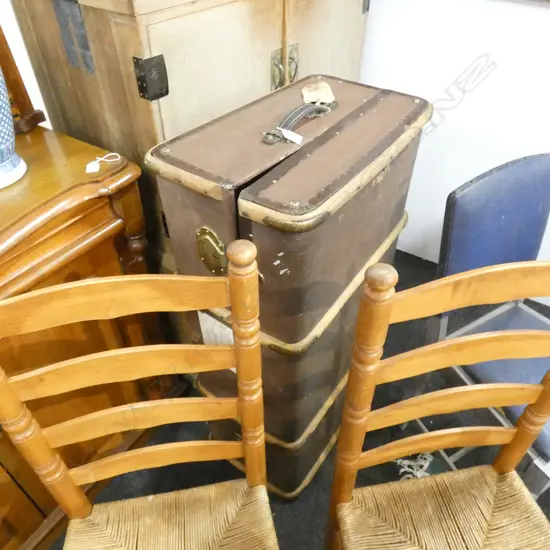 LGE OLD WOODEN TRUNK WITH BAMBOO STRUTS & BRASS LATCHES 1020 x 565mm.