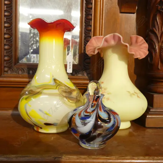 3 GLASS VASES BOTTLE ETC