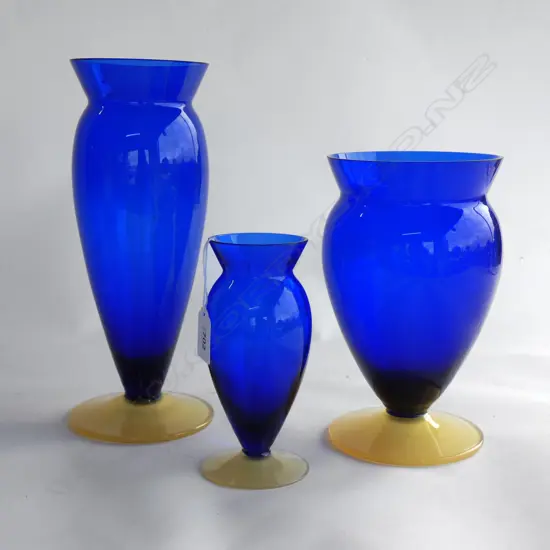 3 GRADUATED BLUE GLASS VASES Ex Sultan of Brunei