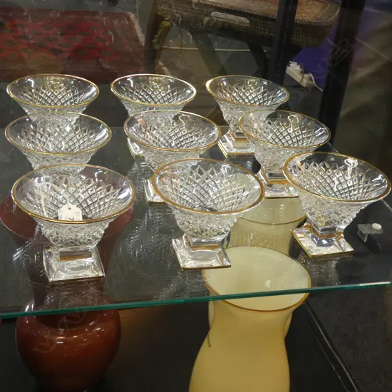 12 CORRE CRISTAL COUPES, GOLD RIMMED, ON SQUARE FOOT Ex Sultan of Brunei
