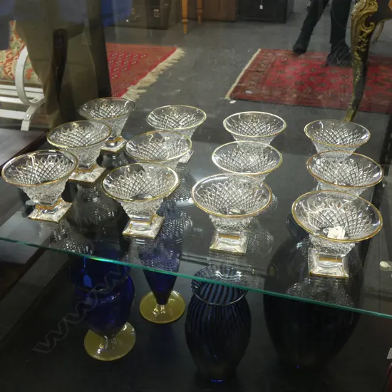 12 CORRE CRISTAL COUPES, GOLD RIMMED, ON SQUARE FOOT (ONE RIM CHIP) Ex Sultan of Brunei