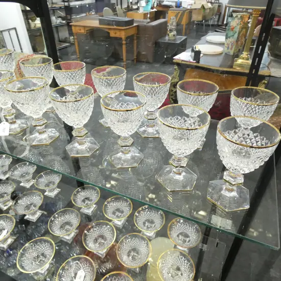 12 CORRE CRISTAL MEDIUM WINE GLASSES, GOLD RIMMED, ON HEXAGONAL KNOPPED STEMMS AND FOOT Ex Sultan of Brunei