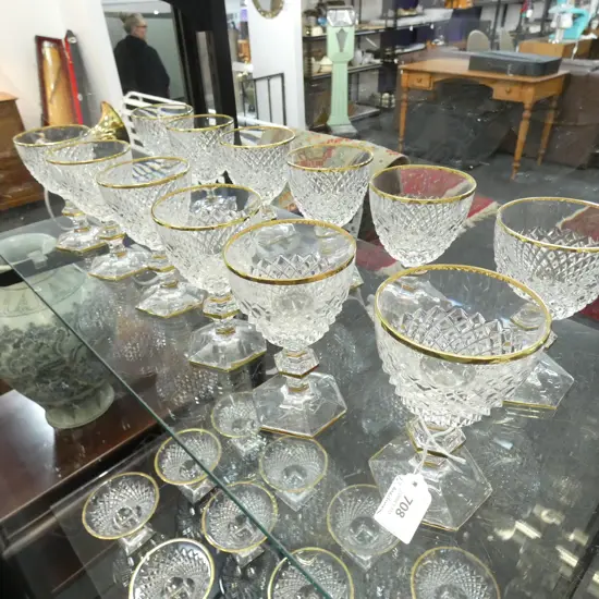 12 CORRE CRISTAL MEDIUM WINE GLASSES, GOLD RIMMED, ON HEXAGONAL KNOPPED STEMMS AND FOOT Ex Sultan of Brunei