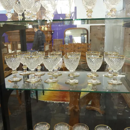12 CORRE CRISTAL MEDIUM WINE GLASSES, GOLD RIMMED, ON HEXAGONAL KNOPPED STEMMS AND FOOT Ex Sultan of Brunei