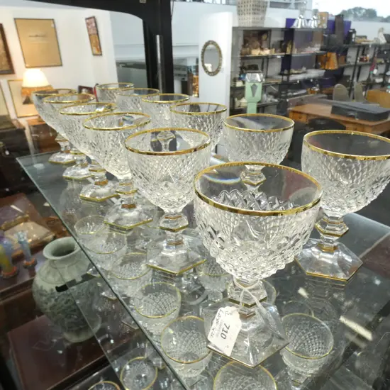 12 CORRE CRISTAL LARGE WINE GLASSES, GOLD RIMMED, ON HEXAGONAL KNOPPED STEMMS AND FOOT Ex Sultan of Brunei