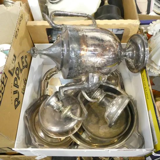 SM BOX ASST SILVER PLATE; CANDELABRA / COFFEE POT ETC.