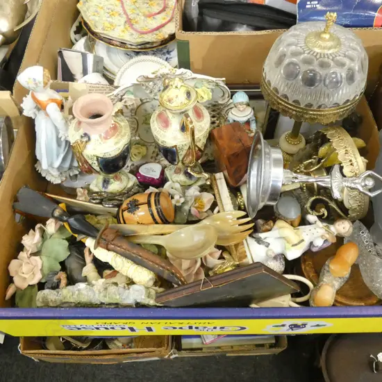 BOX LOT PR LAMPS, VASES, FIGURINES, CAPODIMONTE ETC