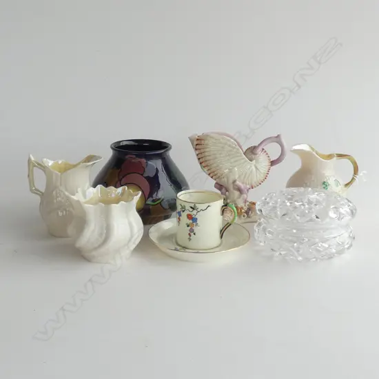 3 PCES BELLEEK, NAUTILUS VASE, C/S, CRYSTAL CONTAINER & ROYAL STANLEY WARE VASE