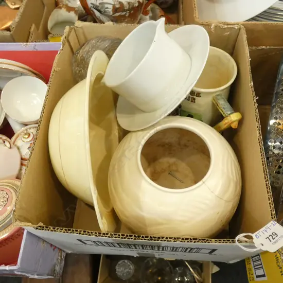 BOX ASST CHINA INCL CLARICE CLIFF BOWL / SPODE VASE (A.F ) MUSICAL JUG ETC..