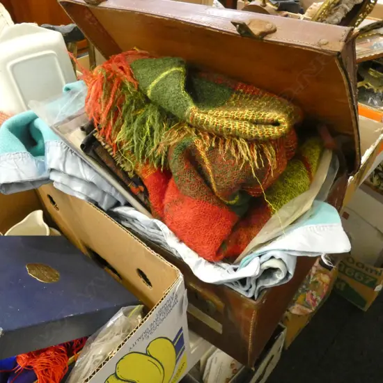 VINTAGE SUITCASE w. MOHAIR BLANKET, WOOL BLANKET, ASIAN FABRIC ETC