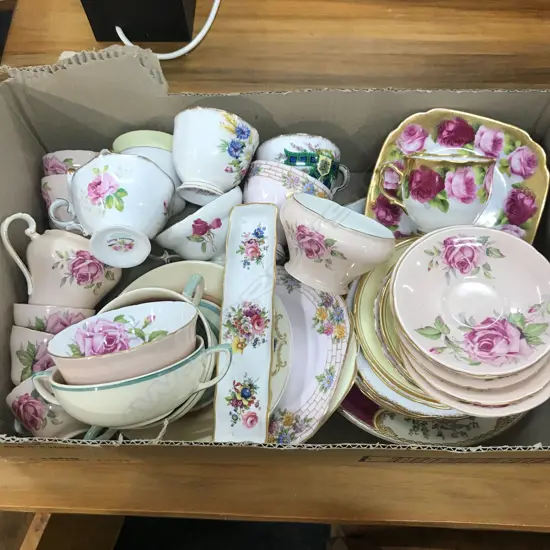 BOX ASST. FANCY CHINA CUPS, SAUCERS ETC.