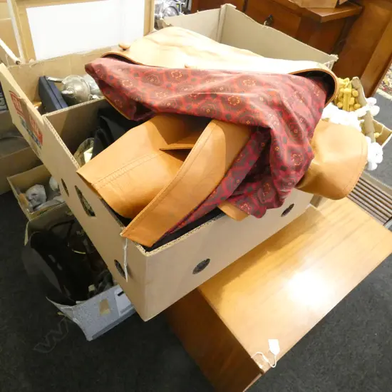 BOX ASST VINTAGE LADIES CLOTHES INCL LEATHER COAT & WOOL SUIT