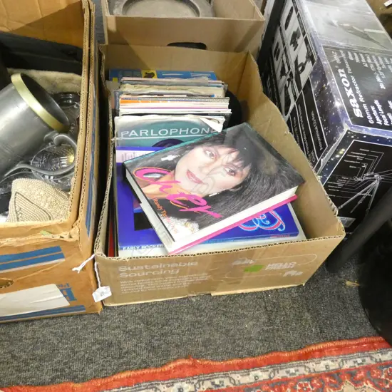 BOX LOT BOOKS; MUSICIANS; ELVIS, CHER 45S, ETC