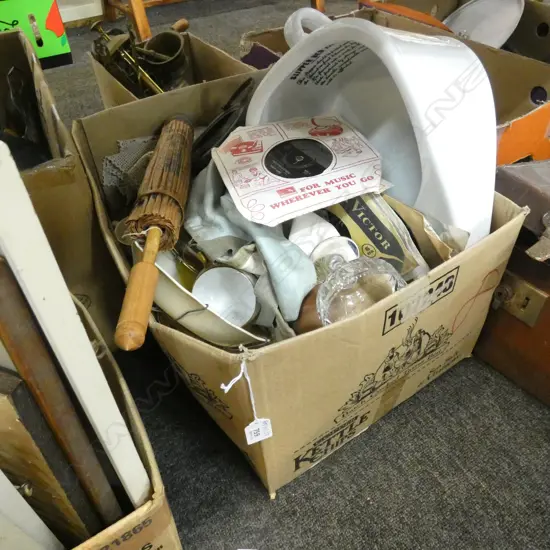 BOX LOT ASST. CHINA, CRYSTAL, HOBBIT CALENDAR, MASONIC APRON ETC