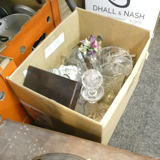 BOX LOT 14 PCES ASST. GLASS, CUTLERY ETC