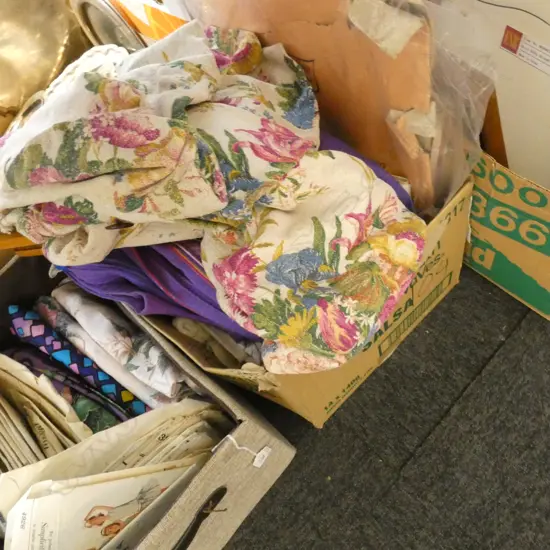 BOX LOT ASST. LINENS, FUR STOLE, VINTAGE FASHION, ANDES TEXTILES BOOK ETC