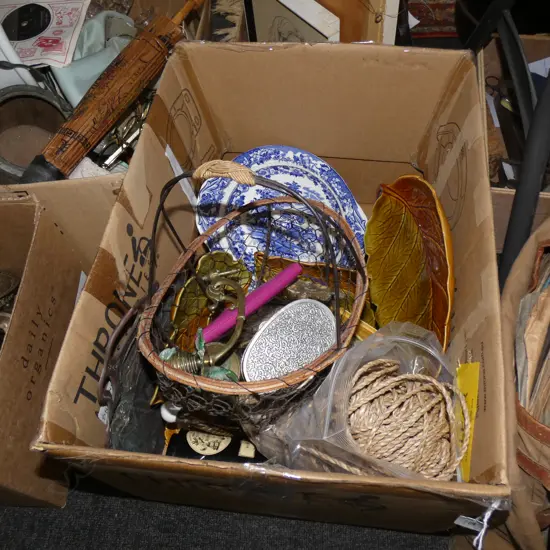 BOX LOT CERAMICS, TWINE,  BASKET ETC