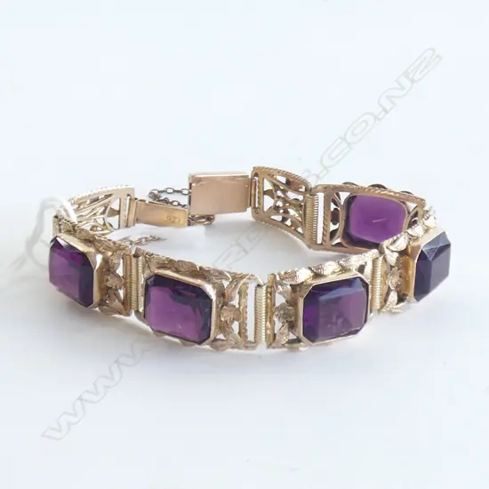 QUALITY VINTAGE 9CT GOLD AND PURPLE STONE BRACELET 23.53gm
