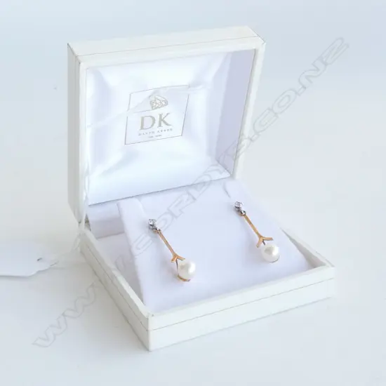 9CT WHITE GOLD FAUX DIAMOND STUD EARRINGS WITH SUSPENDED CULTURED PEARL