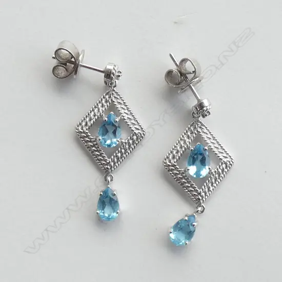 PR 14CT WHITE GOLD & BLUE TOPAZ DROP EARRINGS