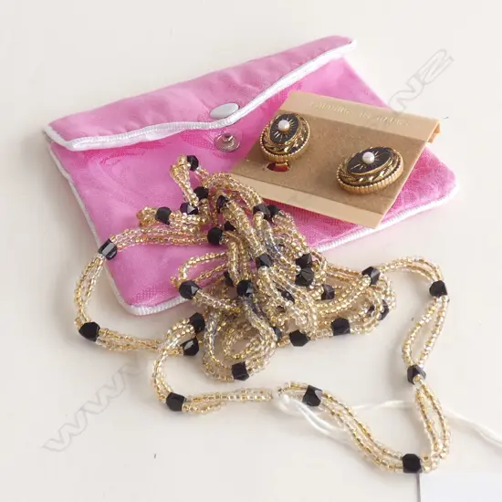 LONG BLACK & GOLD BEADED DOUBLE STRAND NECKLACE + PR BLACK ENAMEL & FAUX PEARLCLIP EARRINGS