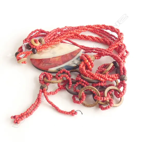 2 RED BEAD NECKLACES; ONE WITH INLAID PENDANT