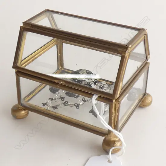 BRASS & GLASS SM JEWELLERY BOX + OLD GLASS BEAD NECKLACE