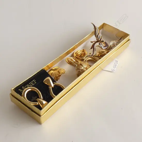 3 PR LG GOLD TONE CLIP EARRINGS + ENAMEL & DIAMANTE BROOCH