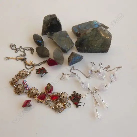 BAG OF LABRADORITE + ASST. COSTUME JEWELLERY