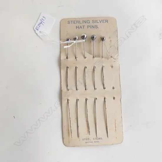 FIVE STG SILVER HATPINS BRITISH MADE ON CARD