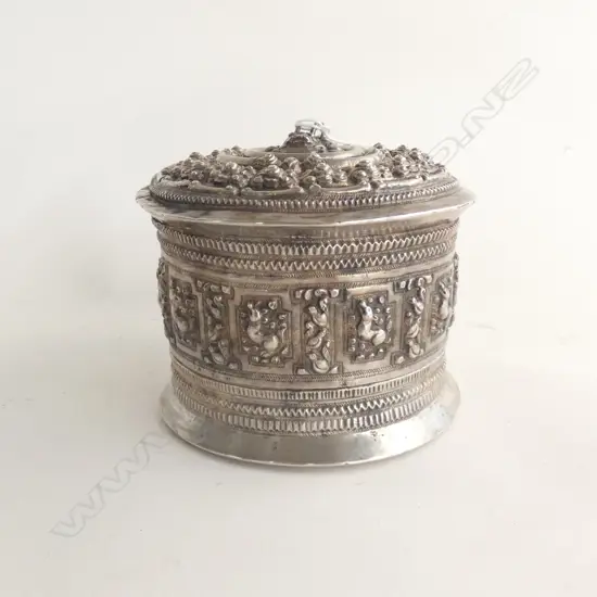 INDONESIAN SILVER LIDDED CONTAINER EMBOSSED WITH BIRDS