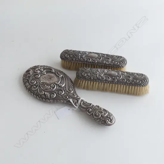 3 PCE STG SILVER DRESSING SET; MIRROR + 2 BRUSHES
