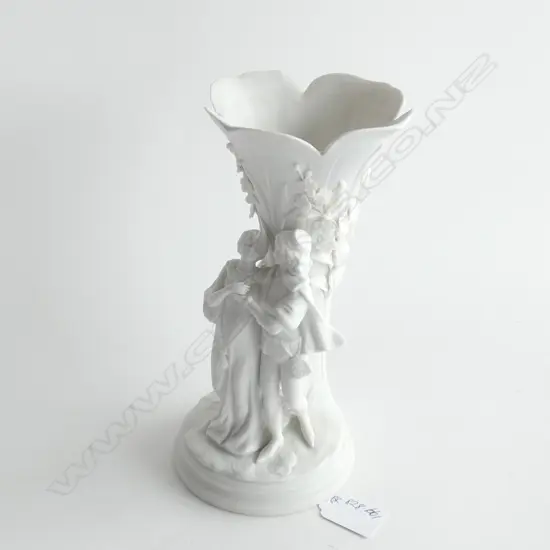 A PORCELAIN WHITE BISQUE VASE, MEDIEVAL COURTING COUPLE DESIGN