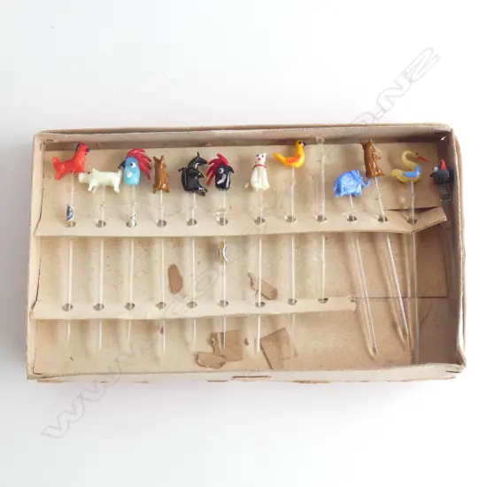 A SET OF 12 CZECH GLASS COCKTAIL STICKS, IN ORIGINAL CARDBOARD BOX