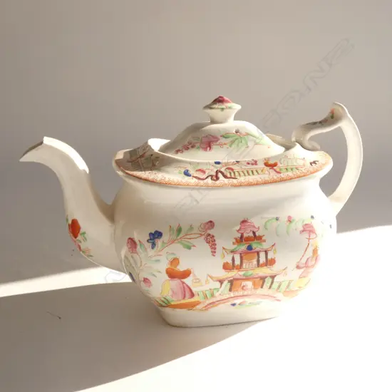 A STAFFORDSHIRE TEAPOT, GEORGIAN STYLE, CHINOISERIE