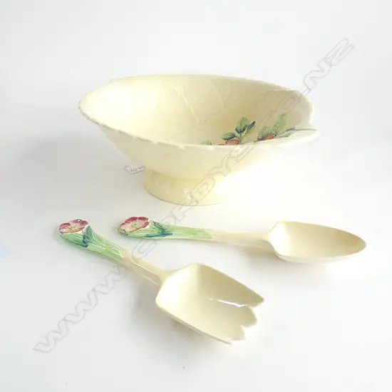 A CARLTON WARE EMBOSSED SALAD BOWL AND SERVERS, WILD ROSE DESIGN