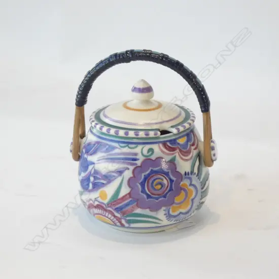 A POOLE BLUEBIRD DESIGN JAM POT w CANE HANDLE, BY VERA WILLS (MORGAN) 1936-50