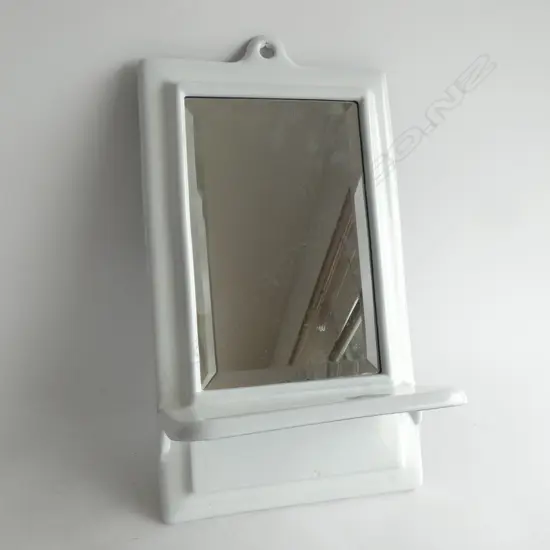 A VICTORIAN METAL BATHROOM MIRROR, ENAMELLED WHITE RECTANGULAR w SHELF