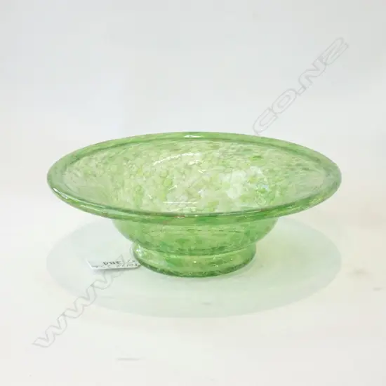 A GLASS MONART BOWL, APPLE GREEN FLECKED w GOLD MICA. Dia.190mm