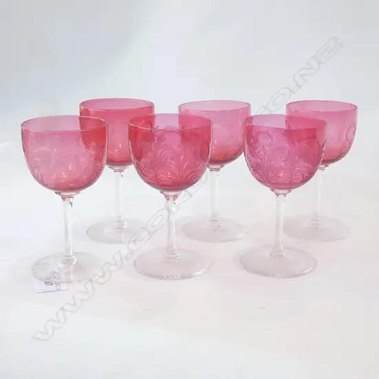SIX ETCHED CRANBERRY BOWLED PORT/SHERRY GLASSES. H.120mm