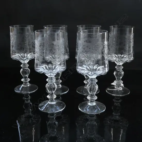 6 CLEAR GLASS LOBED/ENGRAVED GOBLETS - VICTORIAN STYLE.