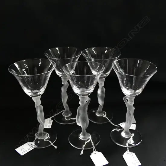 FIVE LALIQUE STYLE CONTEMPORARY WINE GLASSES W STEM OF FROSTED FEMALE NUDE. H.160mm