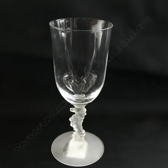 A CONTEMPORARY WINE GLASS & BRANDY GLASS w STEMS OF FROSTED SEAHORSE & FEMALE NUDE. H.190mm