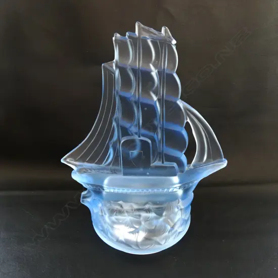 A PALE BLUE DEPRESSION GLASS FROSTED SAILING SHIP, H.245mm