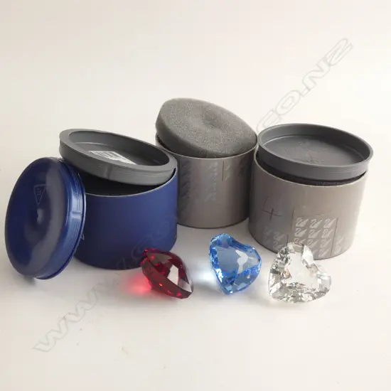 3 SWAROVSKI CRYSTAL HEART PAPERWEIGHTS - 1 RED, BLUE & CLEAR CRYSTAL - IN BOXES (NOT ORIGINAL BOXES)