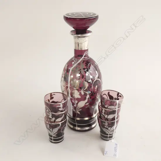 ART DECO AMETHYST GLASS & SILVER OVERLAY DECANTER (H 245MM) & 6 SM GLASSES