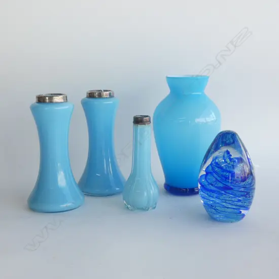 VINTAGE LIGHT BLUE GLASS VASES W STG RIMS (PR +1) + BLUE GLASS PAPERWEIGHT & 2 GLASS VASE