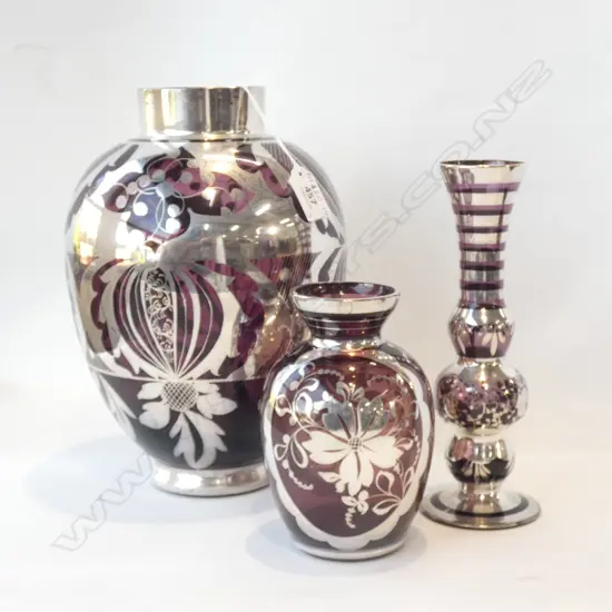 3 ASST ART NOUVEAU AMETHYST GLASS & SILVER OVERLAY VASES LARGEST H 300MM