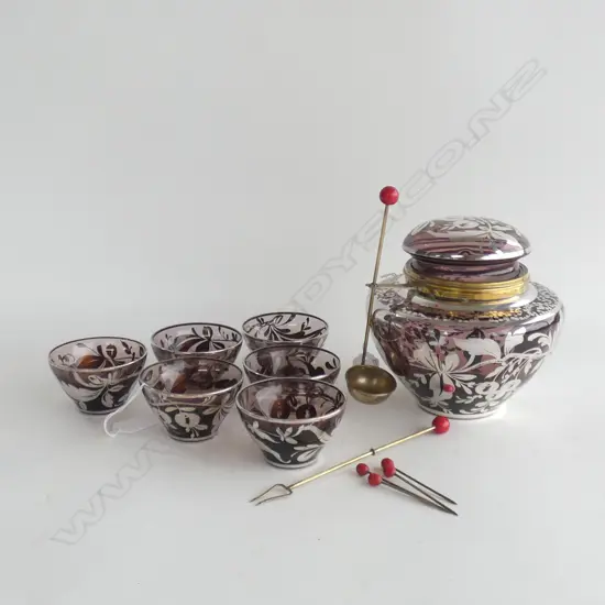 ART NOUVEAU AMETHYST GLASS & SILVER OVERLAY - LIDDED JAR (H 180MM) & 6 SM BOWLS OR TEA CUPS