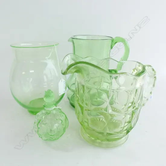4 PCS VINTAGE URANIUM GLASS; VASE (H170MM) / 2 JUGS & SCENT BOTTLE